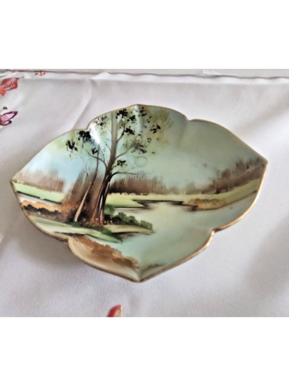 Hand Painted Lakeside Scene Nippon Candy/Trinket Dish 6 3/4" x 5 1/4"